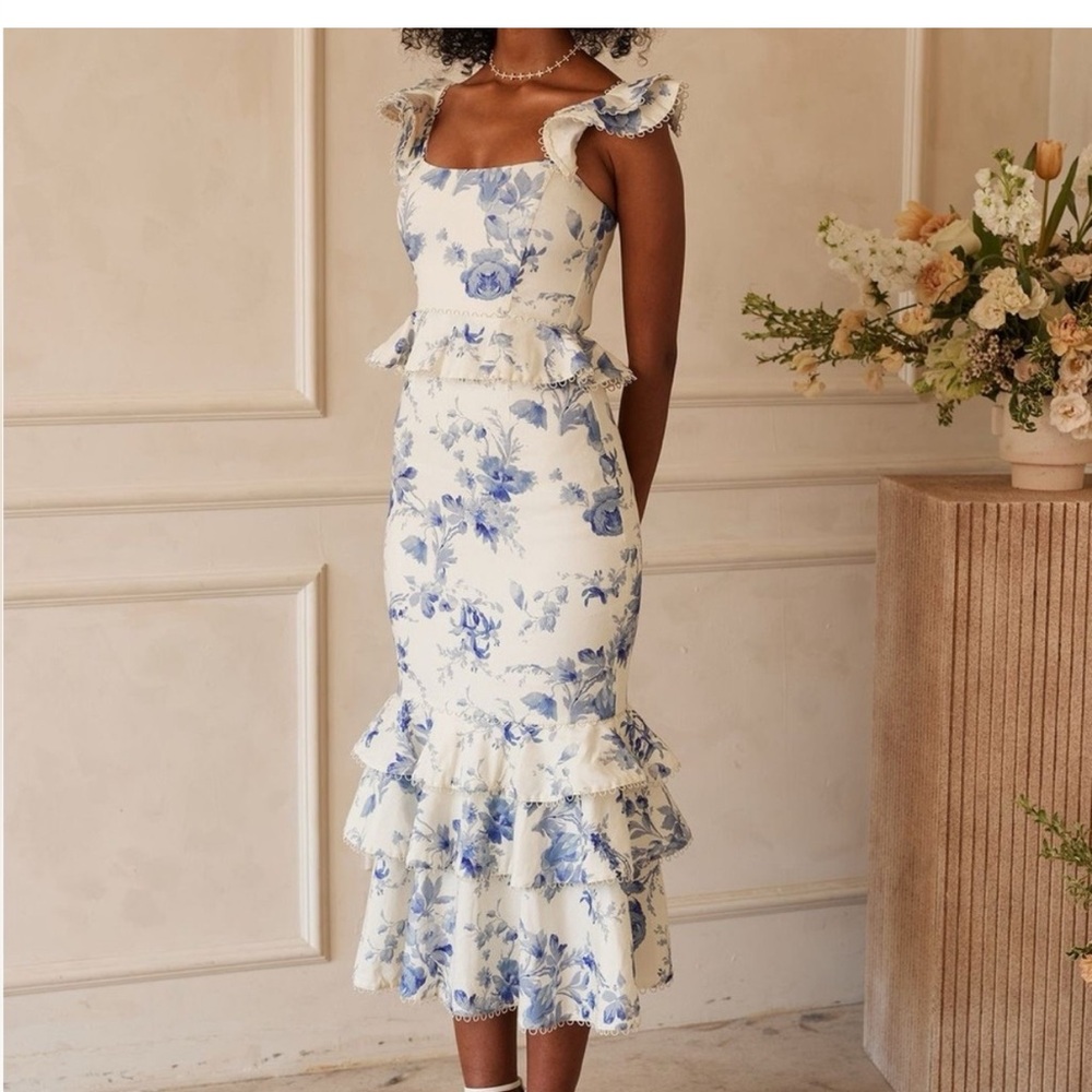 V. Chapman - Violet Floral Print Ruffle Midi Dress Blue